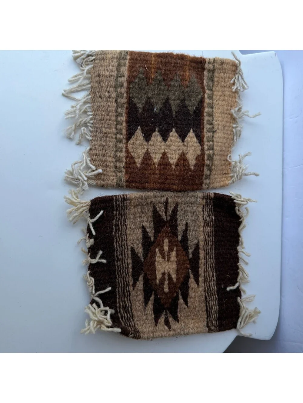 Set of 2‎ Southwestern Woven Wool Coasters Geometric Fringe Earth Tones B-9